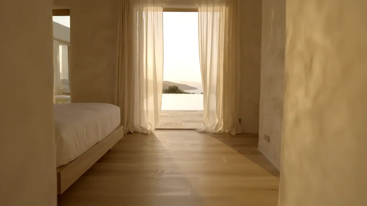 A quiet suite with linen curtains moving in the breeze, opening onto a stone terrace and an infinity pool above the sea at sunset